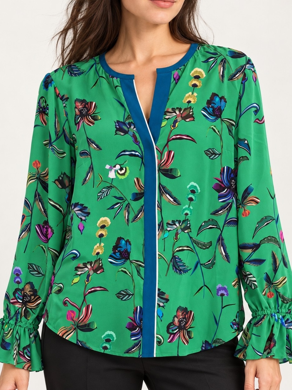 Derek Lam 10 Crosby 100% Silk Green Floral Blouse Long Sleeve Ruffle Cuff Sz 10
